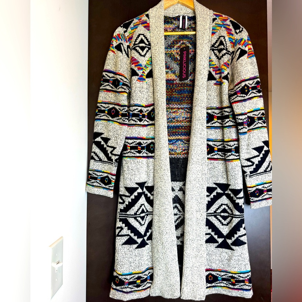 NWT PINKLICIOUS Colorful Geometric Patterned Sweater Cardigan